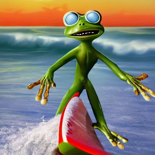 Prompt: crazyfrog rides a surfboard in hell