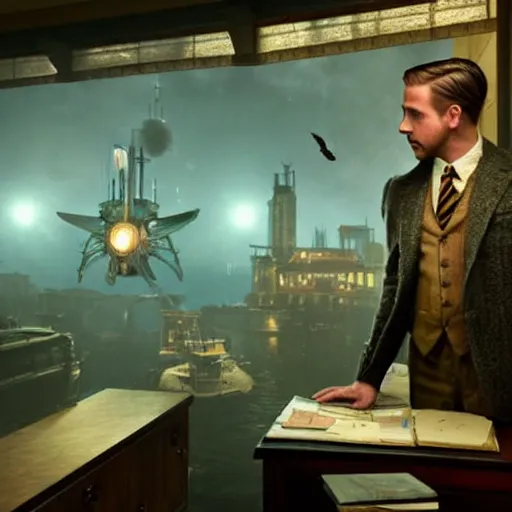 Image similar to a highly detailed cinematic photo from a live - action bioshock movie. andrew ryan, portrayed by ryan gosling, is shown standing in a 1 9 3 0's office with a large desk in front of a floor - to - ceiling window looking out onto the underwater city of rapture shining in the distance, several fish are shown outside of the window