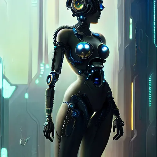 Image similar to a beautiful highly detailed futuristic mechanical lady, seductive confident pose, art by greg rutkowski and mark keathley, cyberpunk, 7 0 mm photo, featured on artstation, 4 k, octane render