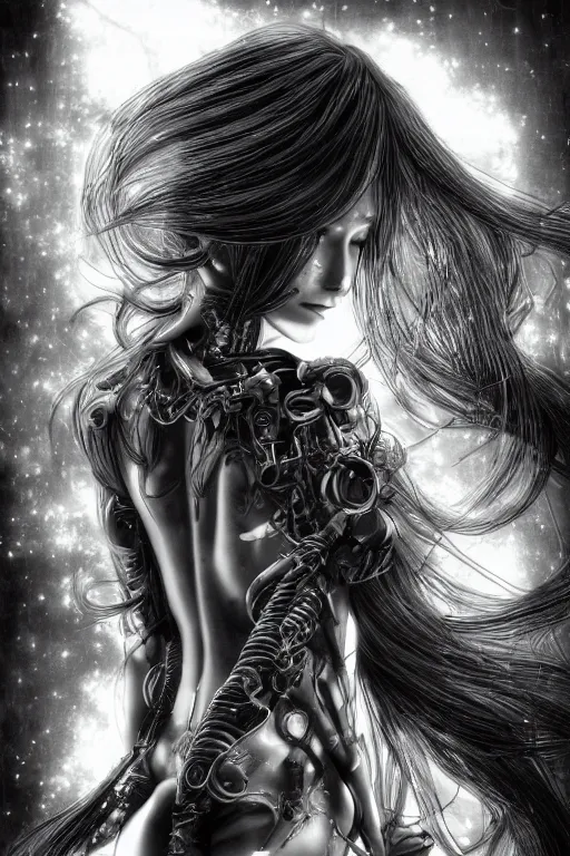 Image similar to a vertical portrait of a character in a scenic environment by Yoshitaka Amano, black and white, dreamy, cybernetic suit, wavy long black hair, highly detailed