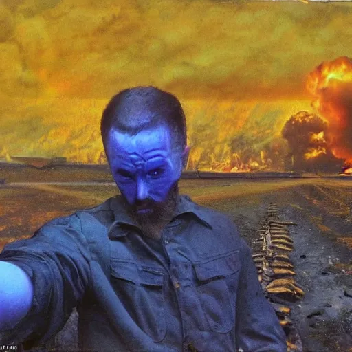 Image similar to armageddon they will be dead and we go to paradise, funny and frightened ukrainian burned to bones in dirty yellow and blue rags on the background of a huge nuclear explosion hyperrealism, selfie