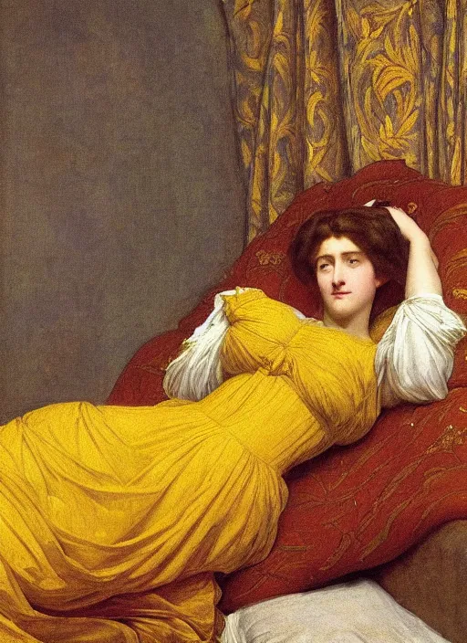 Image similar to masterpiece portrait of lady reclining on bed wearing yellow ochre ornate medieval dress, vertical, foreshortening, colour photography by frederic leighton, william morris, 8 k