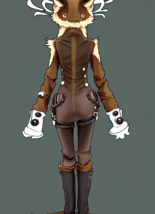 Image similar to the full body of anthropomorphic lynx fursona from behind wearing a steampunk suit, anime, manga