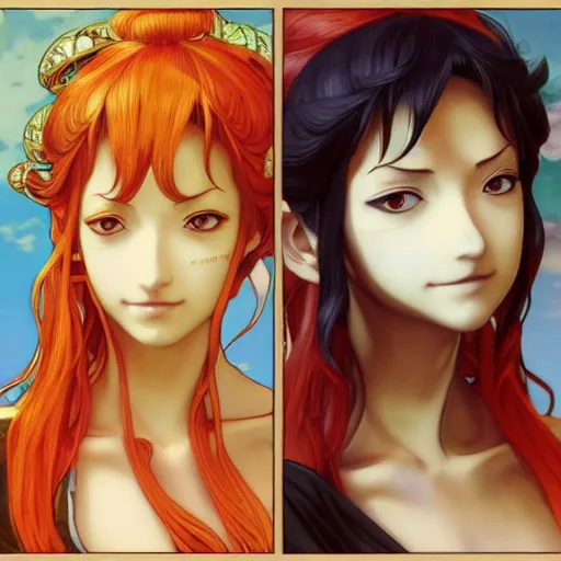 Prompt: intricately detailed vfx portrait of nami from one piece by eiichiro oda, makoto shinkai, alphonse mucha, art by artgerm and greg rutkowski, best of behance, concept art, matte, sharp focus, orange hair, elegant, adolphe bouguereau, annie leibovitz, stanley kubrick, hdr,