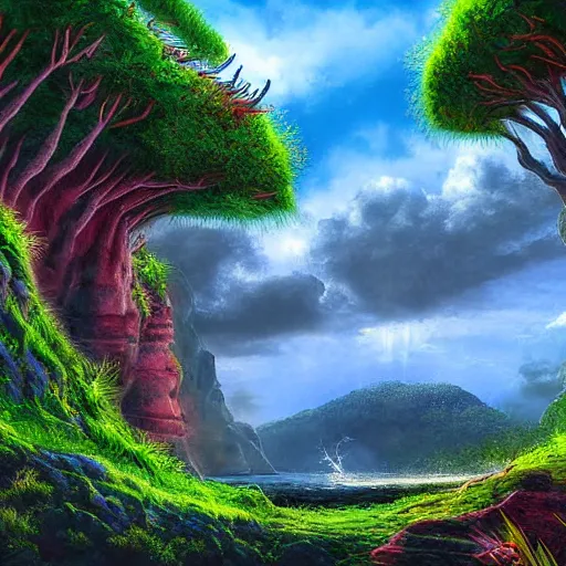 Prompt: digital painting of a lush natural scene on an alien planet by harlew flume. digital render. detailed. beautiful landscape. colourful weird vegetation. cliffs and water.