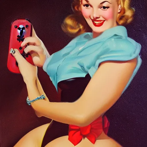 Prompt: an oil painting of a pin up girl holding a Nintendo Switch, by Gil Elvgren, highly detailed and intricate