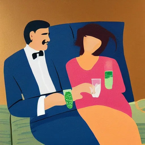 Prompt: painting of indian guy and blonde swedish girl drinking gin and tonics on the couch