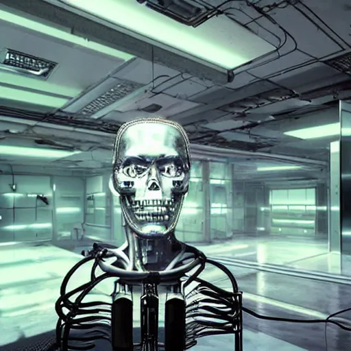 Image similar to photorealistic torso of a terminator with borg implants and a human face is hanging from cables and wires off the ceiling of an futuristic abandoned computer room and plugged into a quantum computer that's visible in the background. bottom half of the terminator's body is missing with cables sticking out. The Terminator is taking a sip from a cup of coffee. Tiny green led lights in the terminator's cybernetics. very detailed 8k. Cyberpunk horror style.