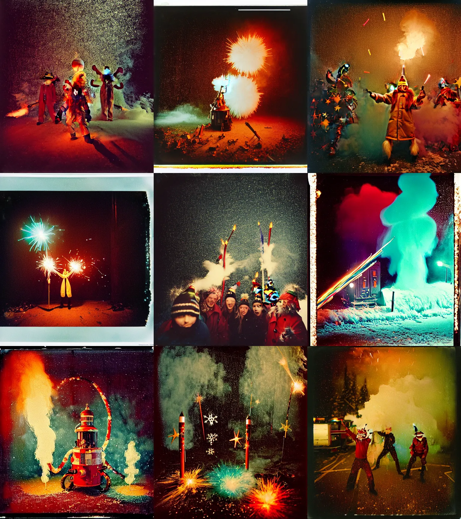 Image similar to kodak portra 4 0 0, wetplate, winter, snowflakes, rainbow coloured rockets, chaos, glitter tornados, award winning dynamic photo of a bunch of hazardous krampus between exploding fire barrels by robert capas, motion blur, in a small pantry at night with colourful pyro fireworks and torches, teal lights