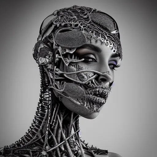 Image similar to a female model by chacarcter creator, photorealistic, biomechanical, intricate details, hyper realistic, canon r 3, photography, wide shot, photography, photorealistic, canon r 3, photography, wide shot, photography, dark beauty, symmetrical features