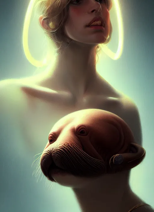Image similar to portrait of a female walrus called freya, intricate, elegant, glowing lights, highly detailed, digital painting, artstation, concept art, smooth, sharp focus, illustration, art by wlop, mars ravelo and greg rutkowski