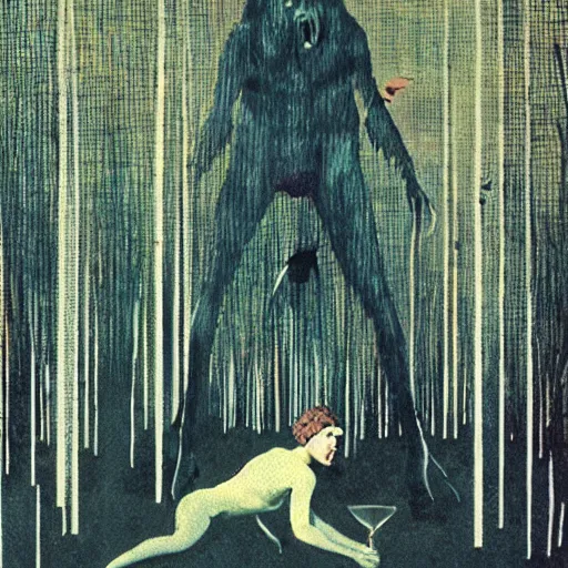 Image similar to sci - fi, hunters of monsters walking in a meat and bone forest, art by karel thole