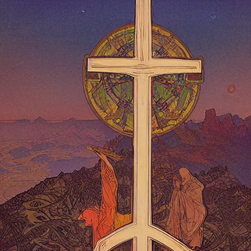 Image similar to a spiritual cross on top of a holy mountain, Mucha, Moebius, Mohrbacher