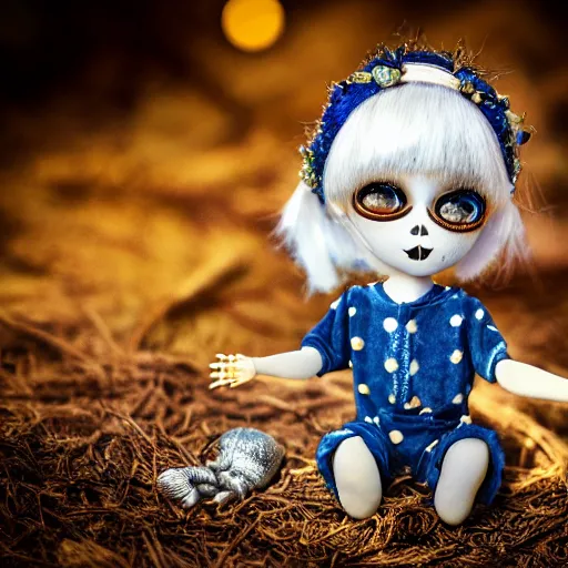 Image similar to lovely realistic ball jointed high end lapis lazuli with gold inclusions skeleton doll with cute white yellow overalls and cute nature themed accessories, inside gothic doll manor bedroom, god rays, dust particles, photorealistic, aesthetic shot, worms eye view, macro camera lens, high definition, thematic, cinematic, lens flare