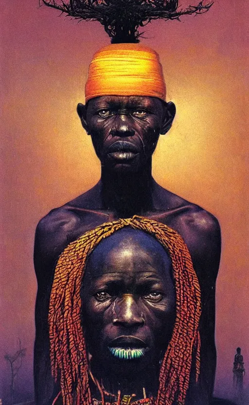 Image similar to portrait of african tribal chief, symmetrical, dramatic lighting, colourful, art by zdzislaw beksinski,