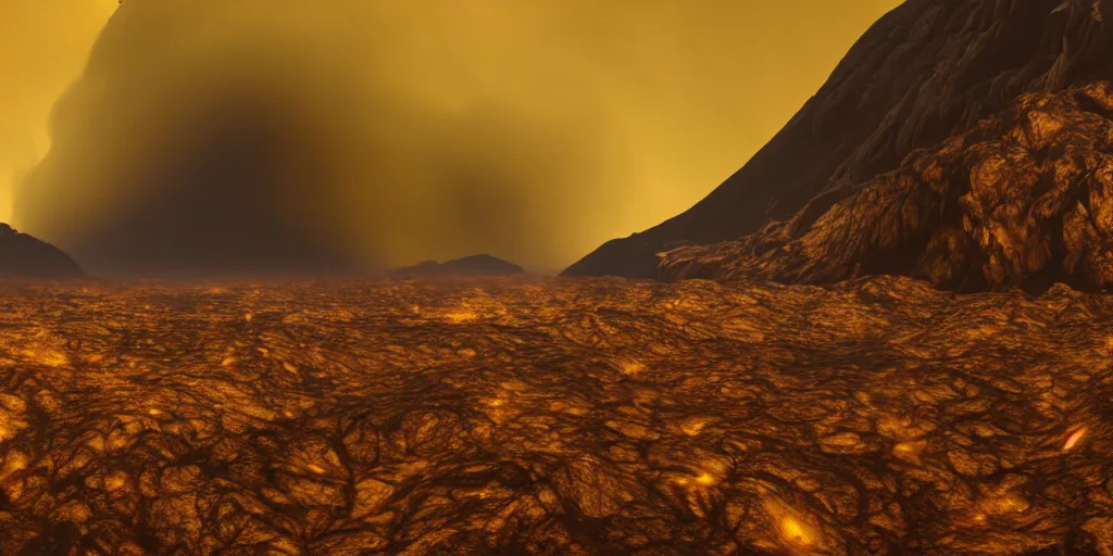 Image similar to a mountainous planet full of active vulcanoes covered by a dense yellow fog and yellow giant clouds, venus surface, path traced, highly detailed, high quality, 8 k, dramatic lighting, cinematic, high coherence, low contrast, hyperrealistic, concept art, digital art, dark yellow dense atmosphere, lava in the ground, no life, desertic