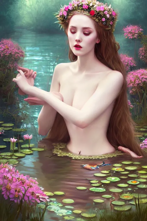 Image similar to artistic painting, medieval princess, ophelia, wearing ornate robes, beautiful eyes and lips, floating supine in a forest pond, flowers, art by artgerm and wlop and brom, highly detailed, 8 k, cinematic, digital painting, sharp focus, illustration, masterpiece