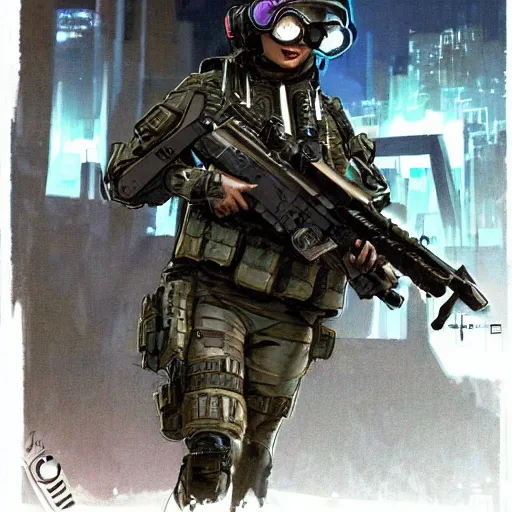 Prompt: Maria. USN special forces futuristic recon operator, cyberpunk headset, on patrol in the Australian neutral zone, deserted city landscape, skyline lit by flares. 2087. Concept art by James Gurney and Alphonso Mucha