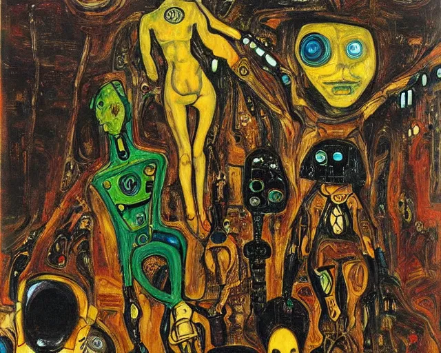 Prompt: a painting of a aliens and robots by graham sutherland, egon schiele, gustav klimt!, expressionism