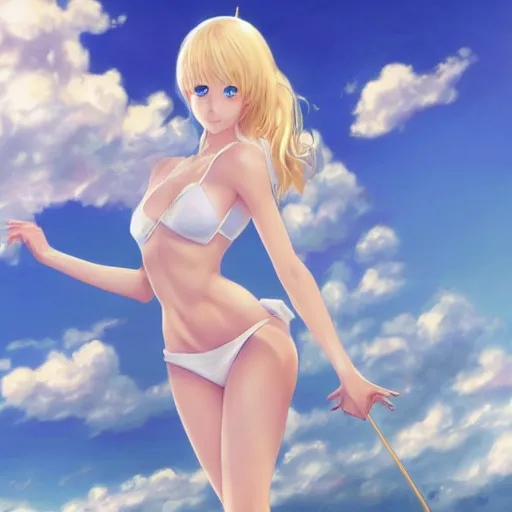 Prompt: full body shot : a very beautiful young blond circus anime girl, sky blue eyes, bikini, white miniskirt, highly detailed, cinematic wallpaper by stanley artgerm lau
