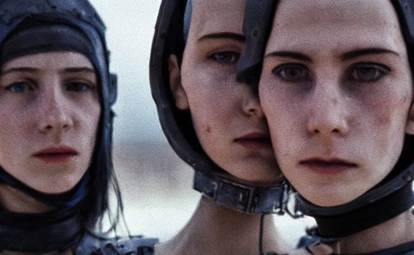 Image similar to cinestill 5 0 d candid photographic portrait by helen levitt of two loving female androids wearing rugged black mesh techwear on a desolate plain, extreme closeup, modern cyberpunk moody emotional cinematic, dust storm, 8 k, hd, high resolution, 3 5 mm, f / 3 2, ultra realistic faces, ex machina