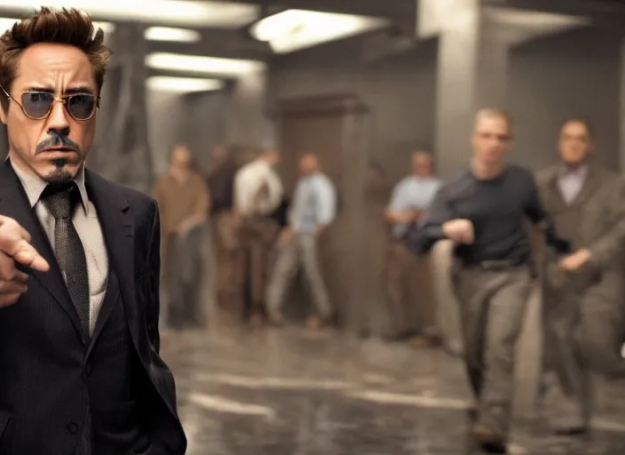 Prompt: film still of Robert Downey Jr as Cobb in Inception, 4k