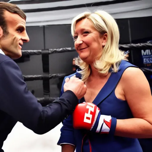 Prompt: Marine Le Pen punching Emmanuel Macron in a MMA ring