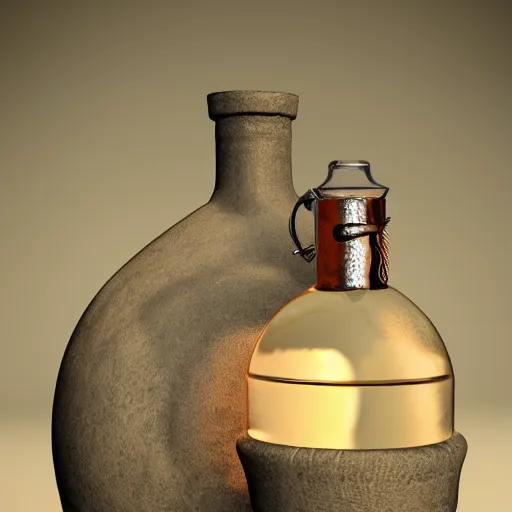 Prompt: ancient flask contains life and death essence, skull cap, raytracing, 3d rendering, octane render