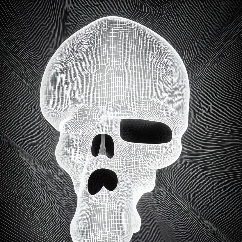 Prompt: black and white light 3D geometry, large skull, matte bright highly detailed, poetic, 3D render, digital art, octane render, 8K artistic photography, photo-realistic, by Dora Maar