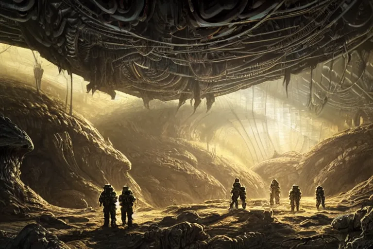 Prompt: Epic science fiction cavescape. In the foreground is soldiers in battle-armor searching, in the background alien machinery and alien eggs. An abandoned alien spaceship is between them. Stunning lighting, sharp focus, extremely detailed intricate painting inspired by H.R. Giger and Simon Stalenhag