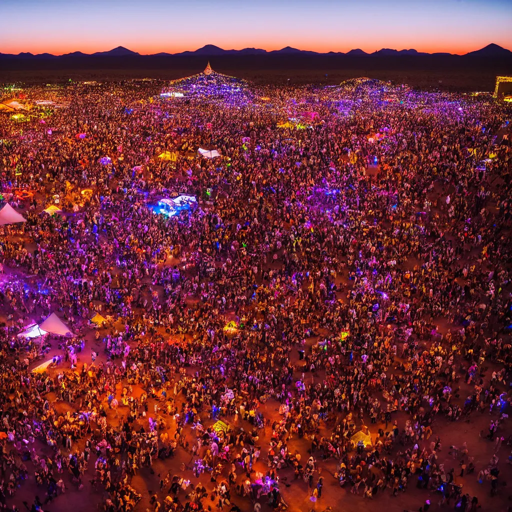 Prompt: low angle shot of dancefloor at festival in the desert, clean, celebration, party, night time australian outback, parks, recreation, village, high technology, biomimetic, urban planning, XF IQ4, 150MP, 50mm, F1.4, ISO 200, 1/160s, sunset