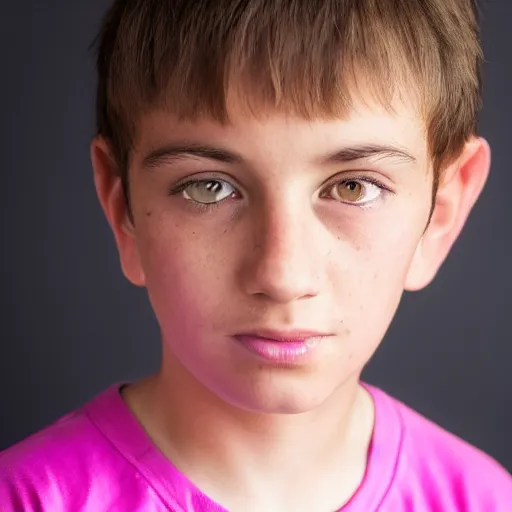 Image similar to closeup portrait of 8 year old boy, thick lips, hot pink skin, thin eyebrows, short light brown hair, facebook post, black background