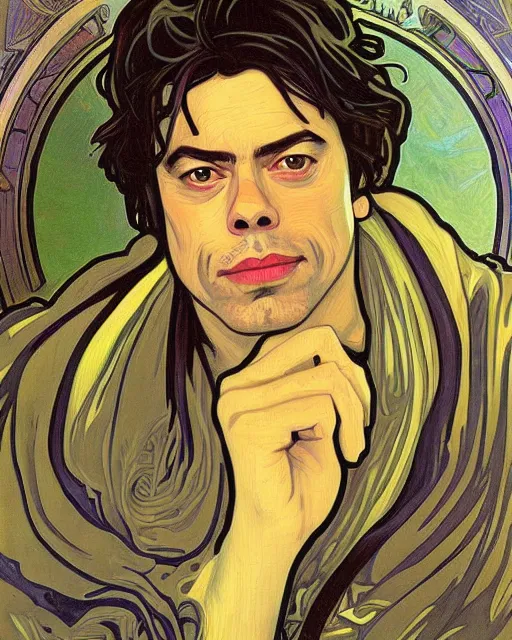 Image similar to a portrait painting of ( ( ( benicio del toro ) ) ) in the style of alphonse mucha!!!