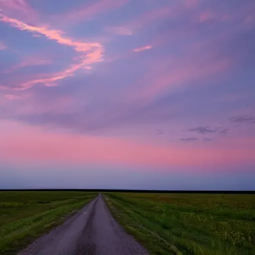 Prompt: wide angle photograph of a road cutting through an empty prairie that leading out into space, twilight, fine details