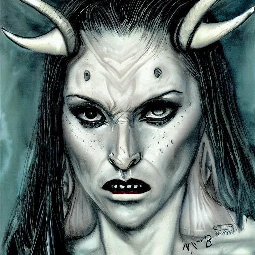 Prompt: portrait of a female demon with horns, by tim bradstreet