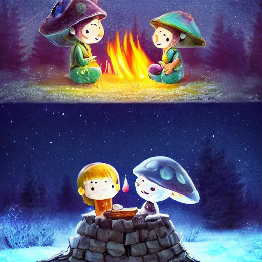 Prompt: two smiling and expressive chibi mushroom characters sitting around a campfire near a frozen forest, tundra setting, dramatic night sky, aurora borealis. very very very beautiful artwork, trending on artstation, digital artwork, cinematic lighting, 4K, amazing artwork, trending on Behance award-winning art