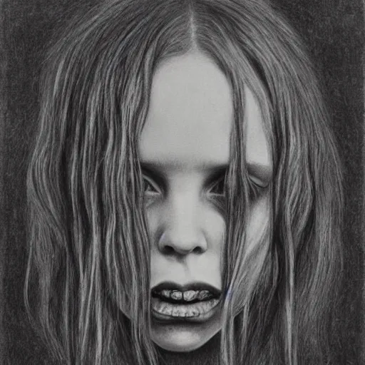 Image similar to grunge drawing of billie eilish by - Zdzisław Beksiński , spongebob style, horror themed, detailed, elegant, intricate