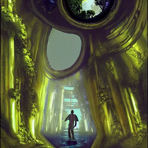 Image similar to portal in a middle of a lush futuristic forest, alien world seen through a portal, person in a cloak standing in front of a portal, syd mead, john harris