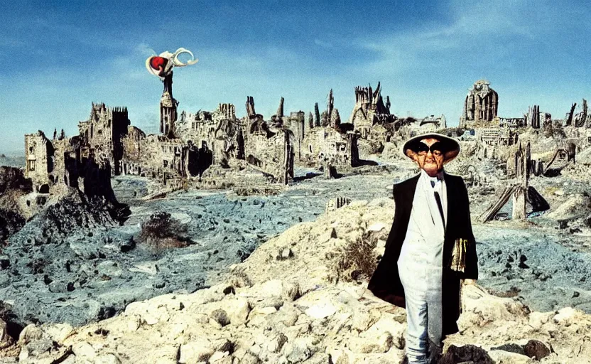 Image similar to salvador dali wearing a great crown with blue jewels and a scepter in a dry rocky desert landscape, visible sky and sunny atmosphere, alien city ruins in the background, film still from the movie by alejandro jodorowsky with cinematogrophy of christopher doyle and art direction by hans giger, anamorphic lens, kodakchrome, very detailed photo, 8 k