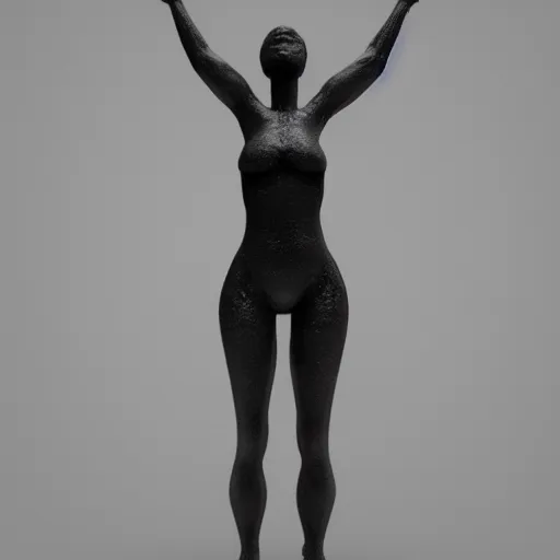 Image similar to 3 d fluid simulation render, octane render, xparticles, black color, female body, abstract sculpture