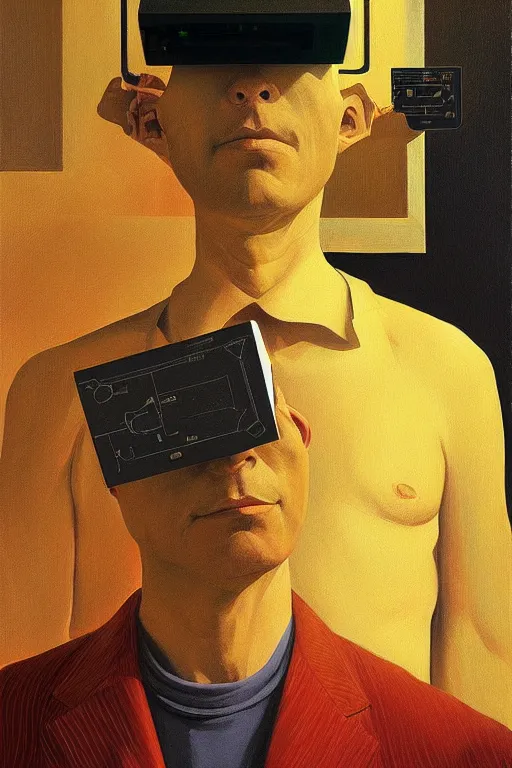 Image similar to Satoshi Nakamoto wearing oculus and bitcoin over his head Edward Hopper and James Gilleard, Zdzislaw Beksisnski, highly detailed