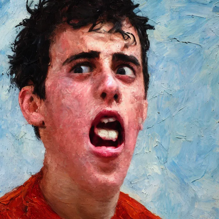 Prompt: warmly lit close up studio portrait of young angry! teenage Jerry Seinfeld angrily singing, impasto oil painting thick brushstrokes by Cy Twombly and Anselm Kiefer , trending on artstation dramatic lighting Expressionism