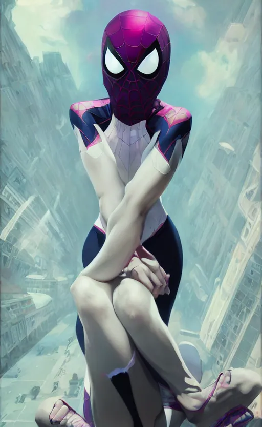 Prompt: Spider-Gwen, highly detailed, digital painting, artstation, facing camera, concept art, smooth, sharp focus, illustration, art by artgerm and alphonse mucha, high definition digital art, dramatic lighting, in the style of ilya kuvshinov and Ross tran