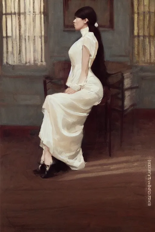 Image similar to girl with long hair, silk dress, high heels, sitting on designer chair, by jeremy lipking