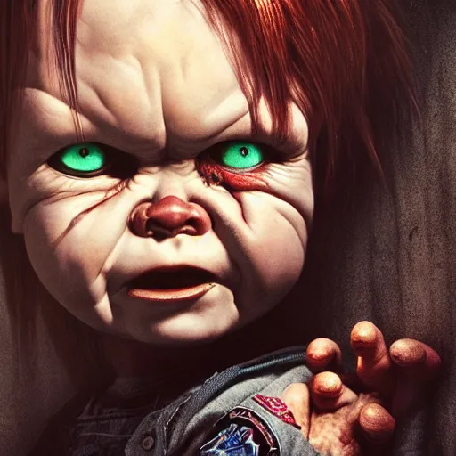 Image similar to portrait of chucky, horror, intricate artwork, concept art, octane render, deviantart, cinematic, key art, hyperrealism, iridescent accents, portrait photograph, nikon 3 5 mm, photograph by greg rutkowski