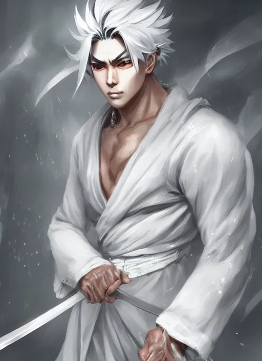 Image similar to a highly detailed illustration of fierce white haired attractive young japanese man wearing white hakama, black eyes, dramatic serious pose, muscular, intricate, elegant, highly detailed, centered, digital painting, artstation, concept art, smooth, sharp focus, league of legends concept art, wlop