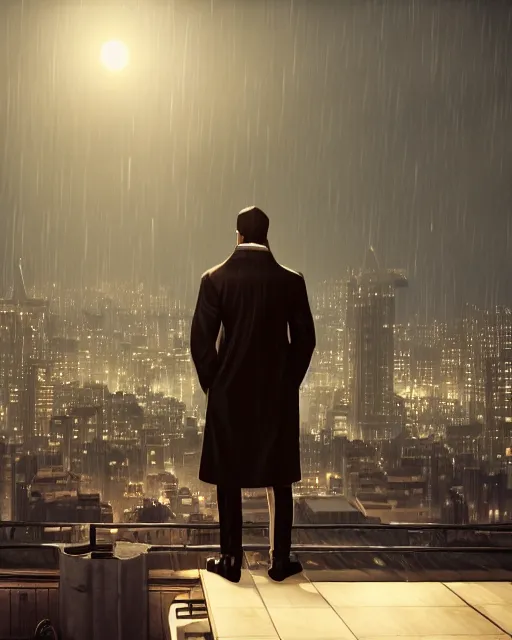 Image similar to a night rooftop scene, close up shot of a photorealistic gangster wearing a trench coat looking at the city below, unreal engine, hyper realism, realistic shading, cinematic composition, realistic render, octane render