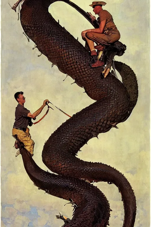 Image similar to giant serpent with human head, norman rockwell, jacob collins, tom lovell, frank schoonover, james gurney