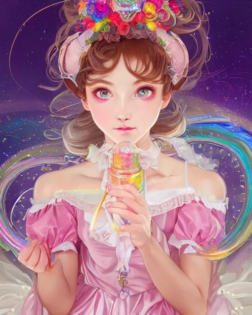 Image similar to portrait of magical lolita girl, dreamy and ethereal, expressive pose, big gold eyes, exciting expression, fantasy, intricate, elegant, many rainbow bubbles, rose tones, highly detailed, digital painting, artstation, concept art, cyberpunk wearing, smooth, sharp focus, illustration, art by artgerm and greg rutkowskiand alphonse mucha