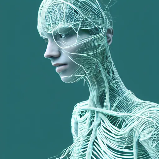 Image similar to humanoid being with tendrils and wires connected all over their body, messes of cables and old technology, trending on artstation, Vanessa beecroft, artgerm, deviantart, octane render, cinematic look, 8k, very detailed, photo realistic